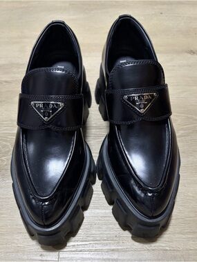 Prada Black Patent Leather Lug-Sole Penny Loafers